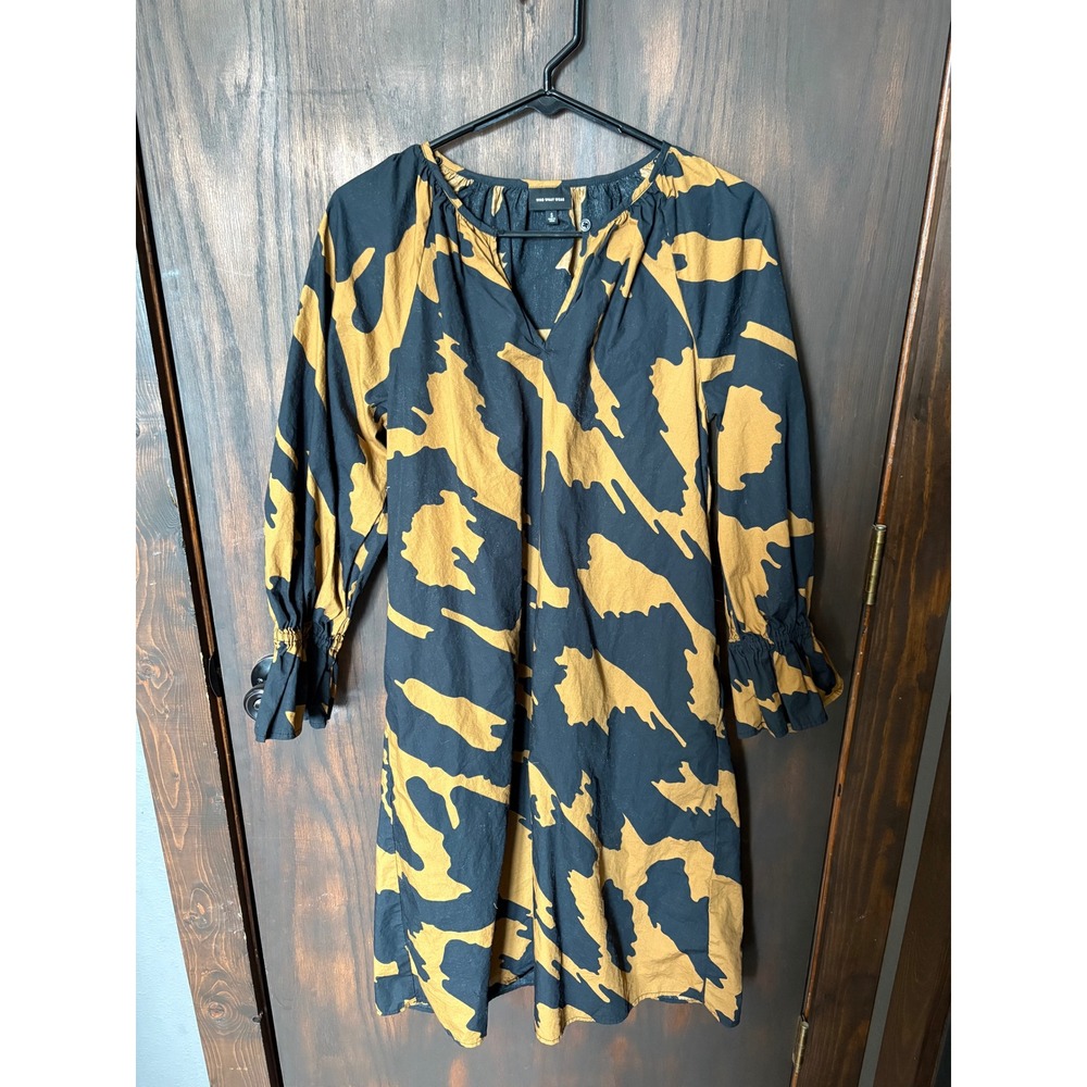 Who What Wear Womens Abstract Print Cotton Shift Dress Black Brown Small